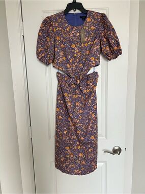 J Crew Purple Floral Cutout Midi Dress with Puff Sleeves